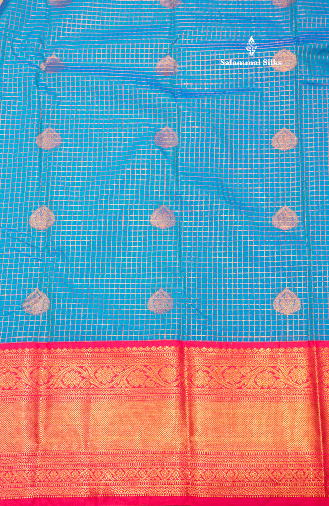 Blue Colour Small Checks Semi Silk Saree With Pink Border