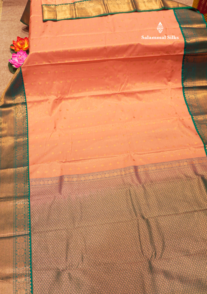 Peach Colour Vaira Oosi Semi Silk Saree With Saffire Green Border