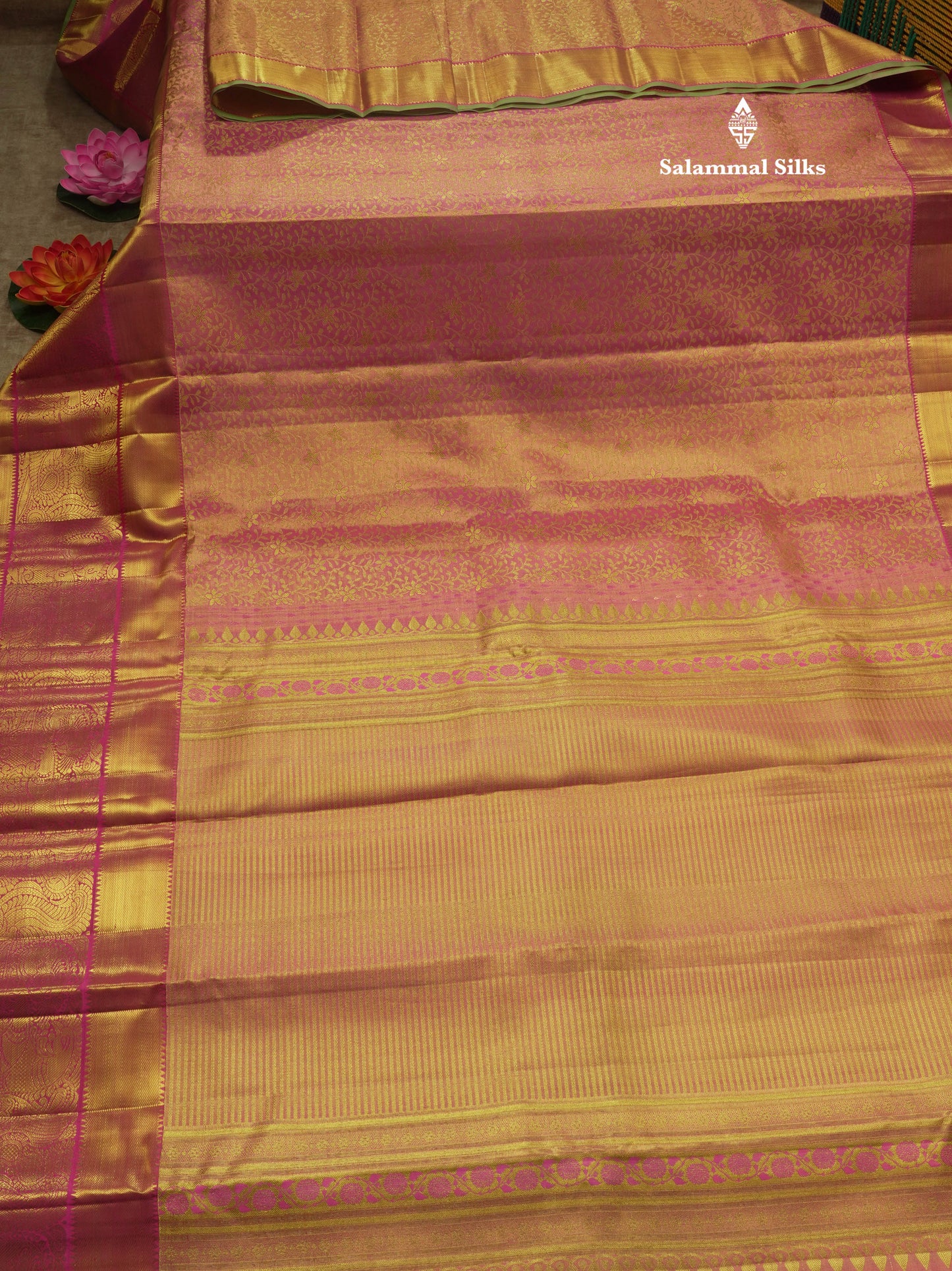 Light Pink Tissue Bridal Pure Kanjivaram Silk Saree With Traditional Border