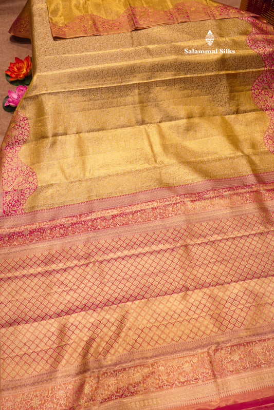 Gold Colour Pure Kanjivaram Tissue Silk Saree with Pink Turning Border