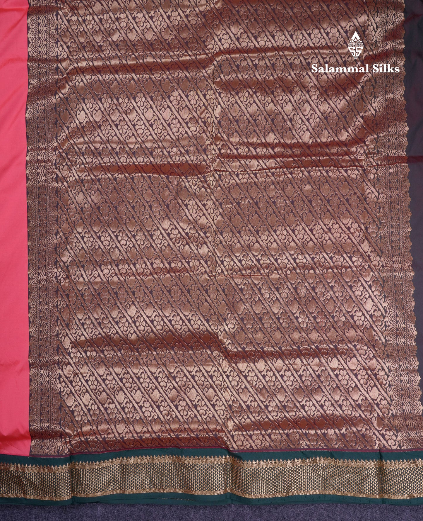 11 Yards Semi Silk Saree Dark Peach with Contrast Bottle Green Traditional Border
