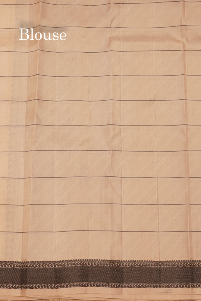 Zari less Cream Colour Checks Pure Kanjivaram Silk Saree With Black Border (No Zari)