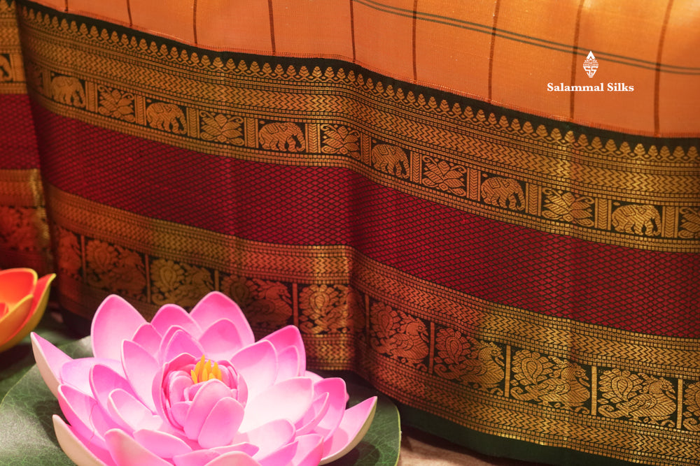 Peach Colour Checks Pure Kanjivaram Silk Saree With Traditional Double Border