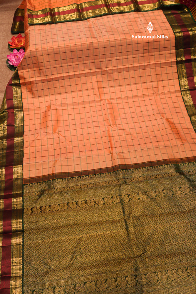 Peach Colour Checks Pure Kanjivaram Silk Saree With Traditional Double Border