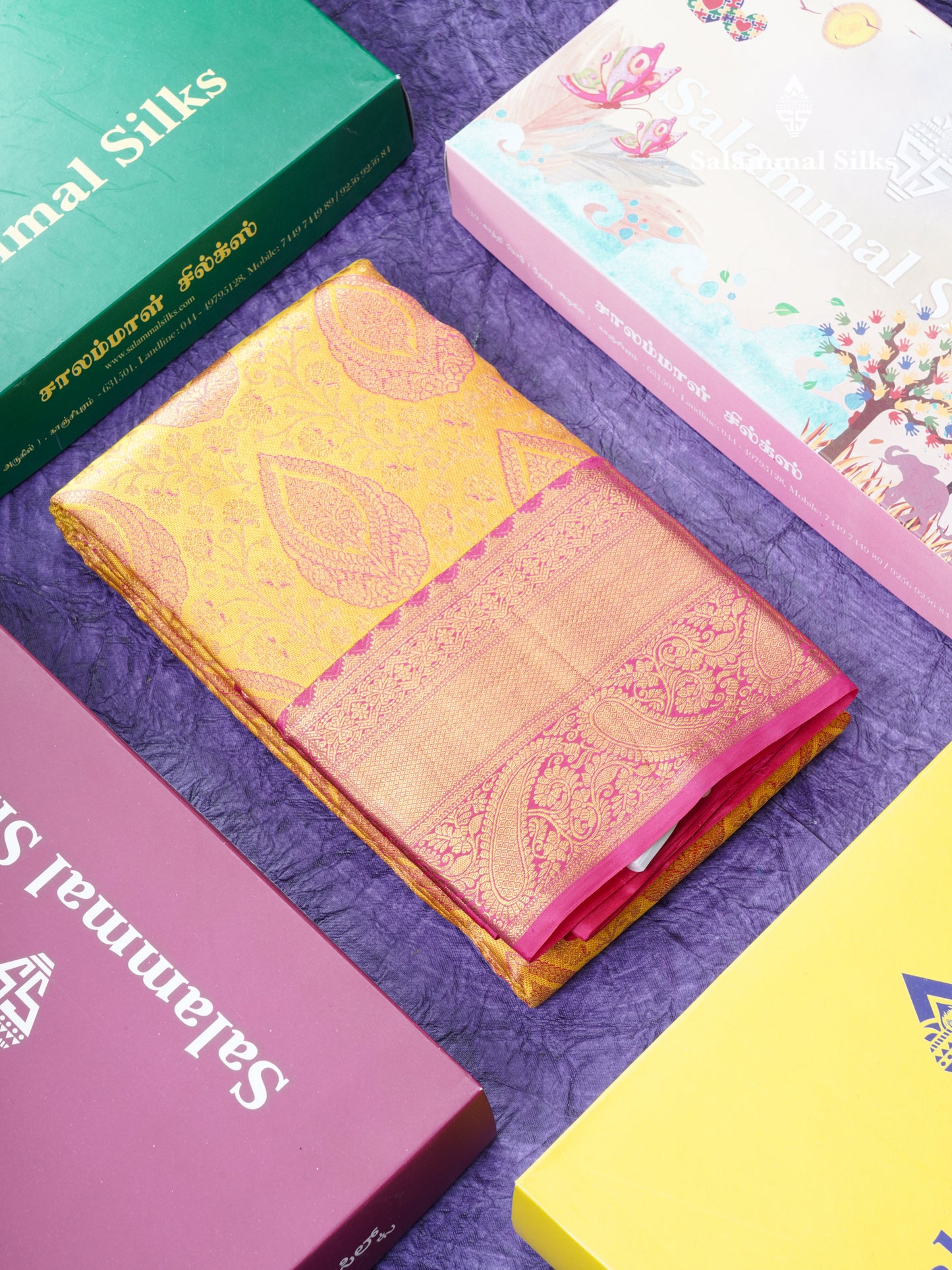 Yellow Meenakari Work Grand Bridal Pure Kanjivaram Silk Saree With Pink Border
