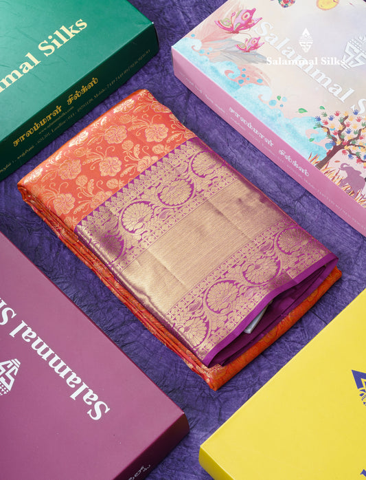 Pinkish Orange Bridal Pure Kanjivaram Silk Saree With Violet Evening Morning Border