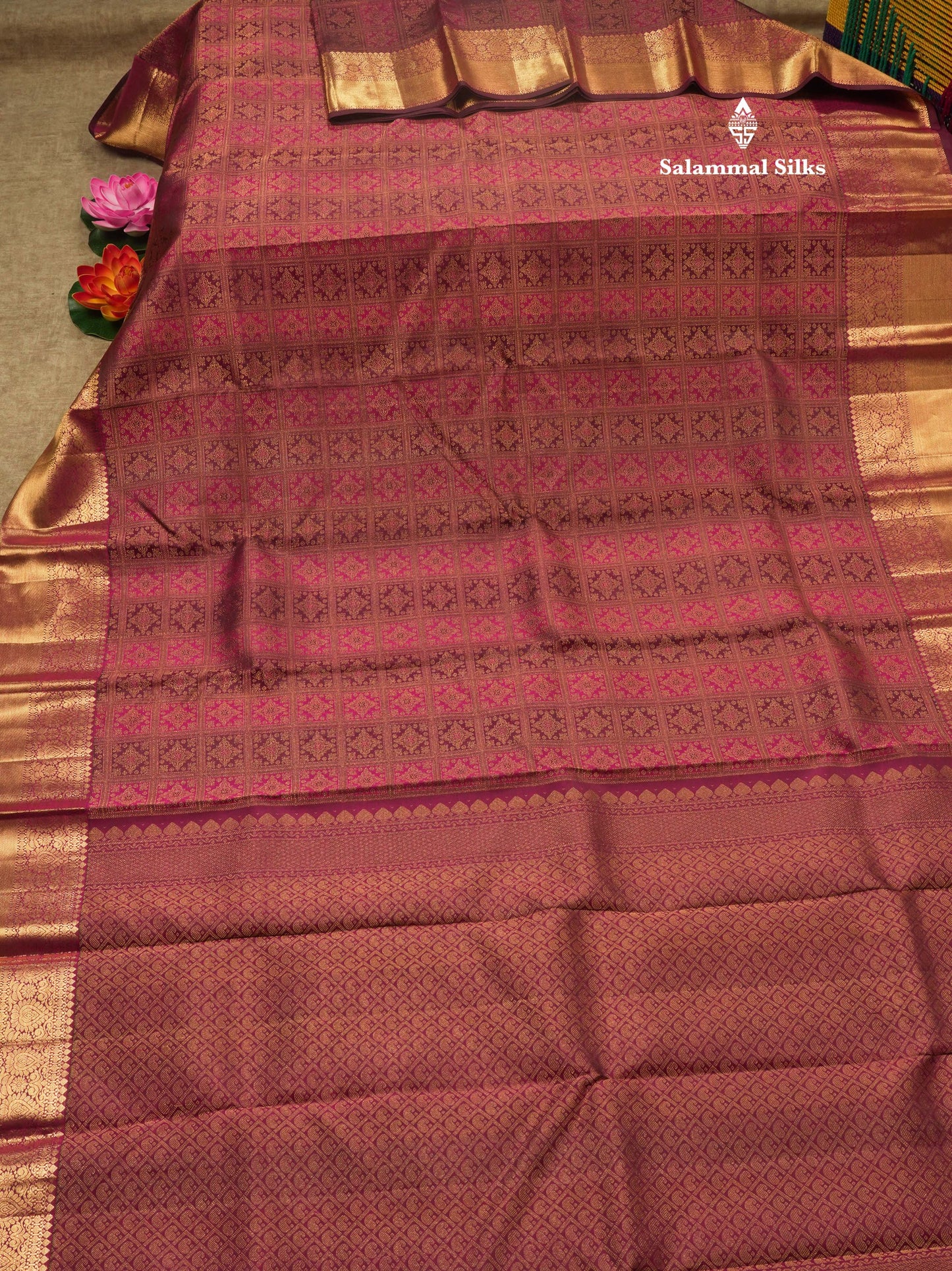 Magenta & Magenta Pink Checks Bridal Pure Kanjivaram Silk Saree With Self Border