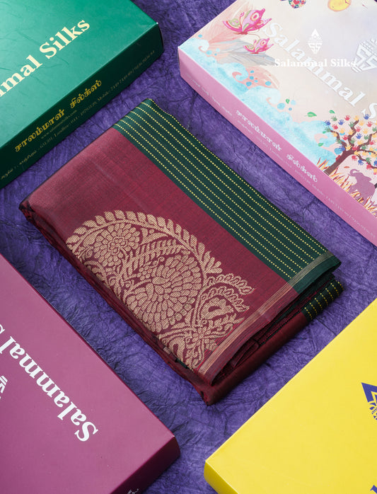 Bottle Green And Wine Zari Lines Beautiful Pure Kanjivaram Silk Saree Pure Zari without Border