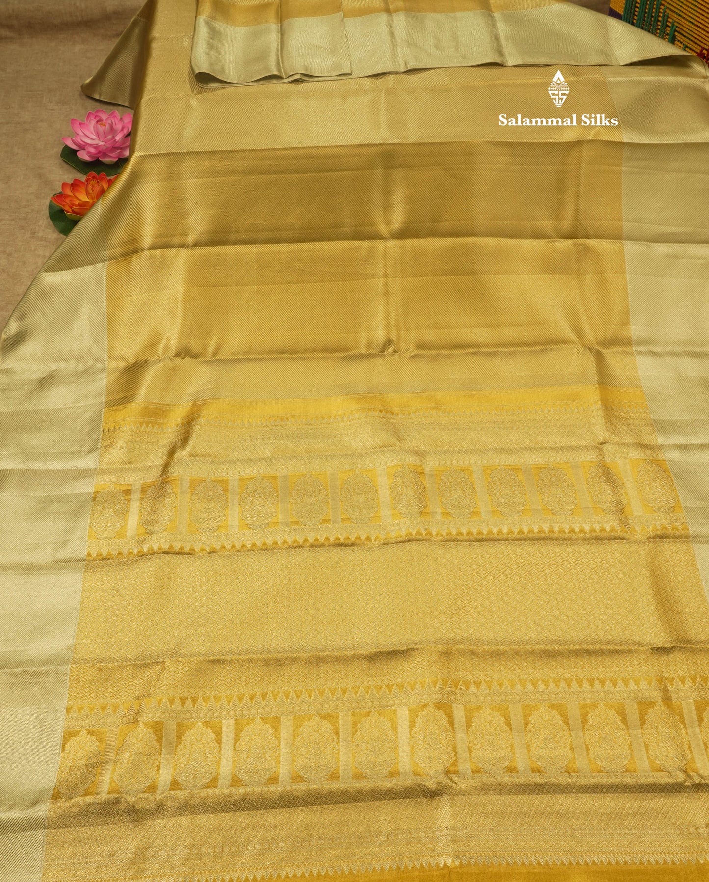 Gold Tissue Bridal Pure Kanjivaram Silk Saree With Contrast Cream Sandal Border