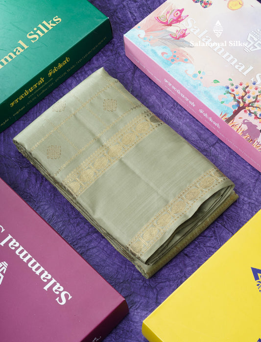 Elaichi Green Traditional Kattam Butta Pure Kanjivaram Silk Saree Pure Zari with Beautiful Double Border