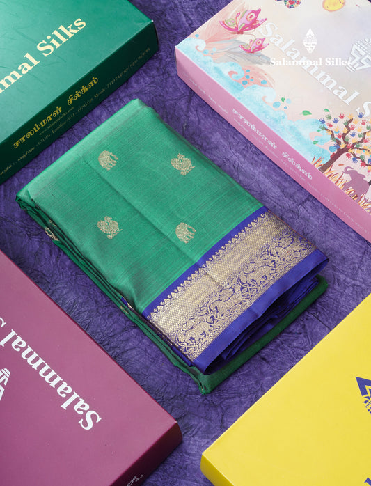 Dual Tone Green Beautiful Traditional Buttas Pure Kanjivaram Silk Saree Pure Zari with Royal Blue Border