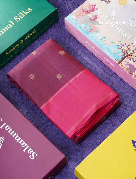 Dual Tone Maroon Small Buttas Pure Kanjivaram Silk Saree Pure Zari with Magenta Pink Border
