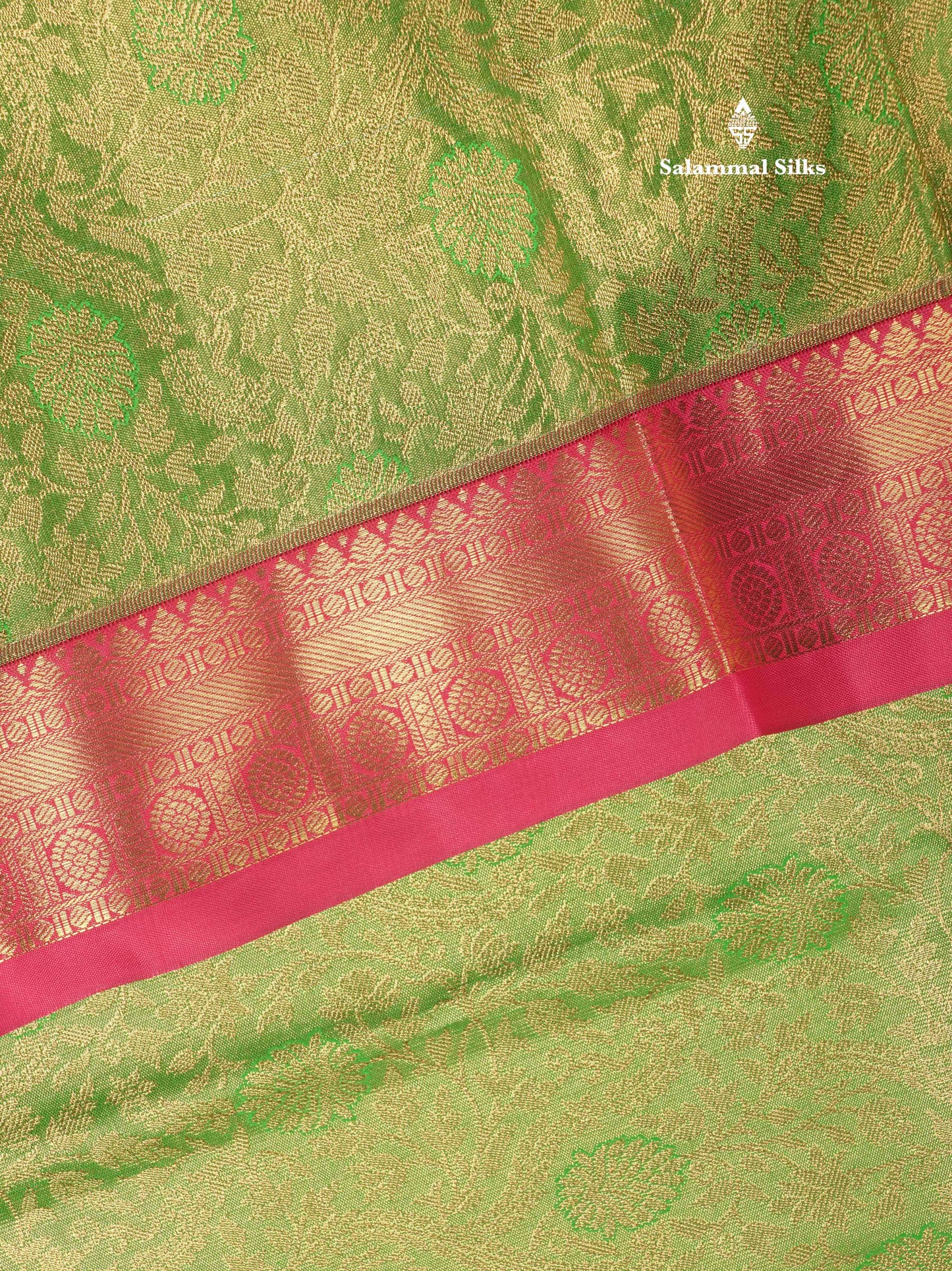 Light Elaichi Green Tissue Bridal Semi Silk Saree With Contrast Pink Border