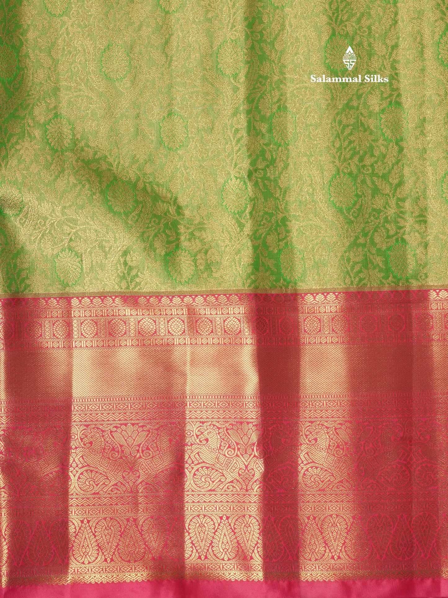 Light Elaichi Green Tissue Bridal Semi Silk Saree With Contrast Pink Border