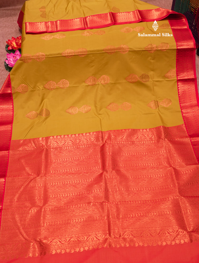 Mustard Yellow Colour Semi Silk Saree With Light Orange Border