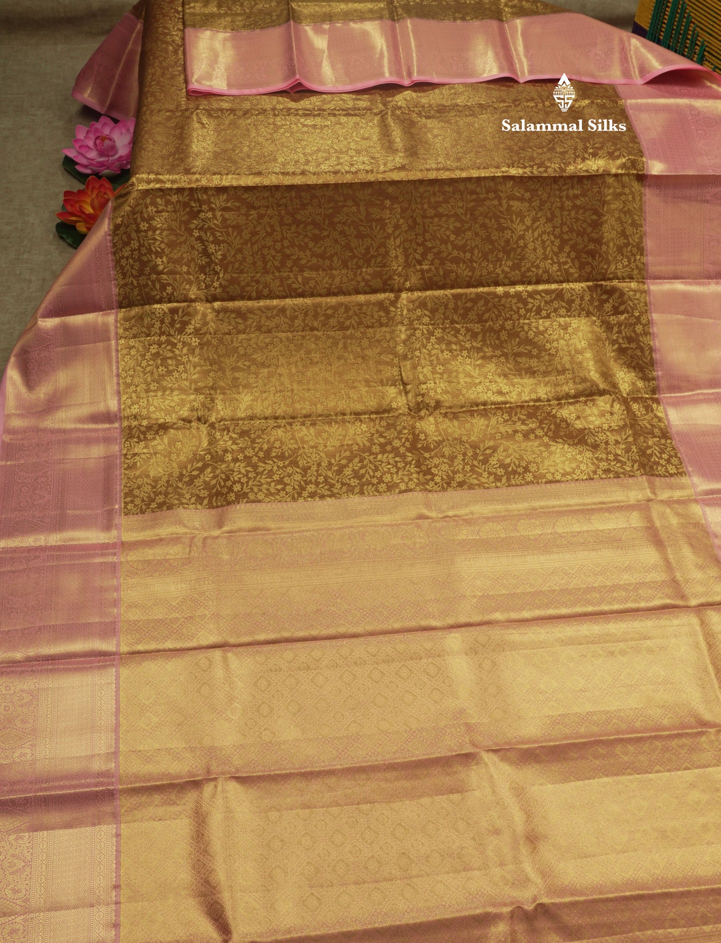 Brown Tissue Bridal Semi Silk Saree With Contrast Baby Pink Border