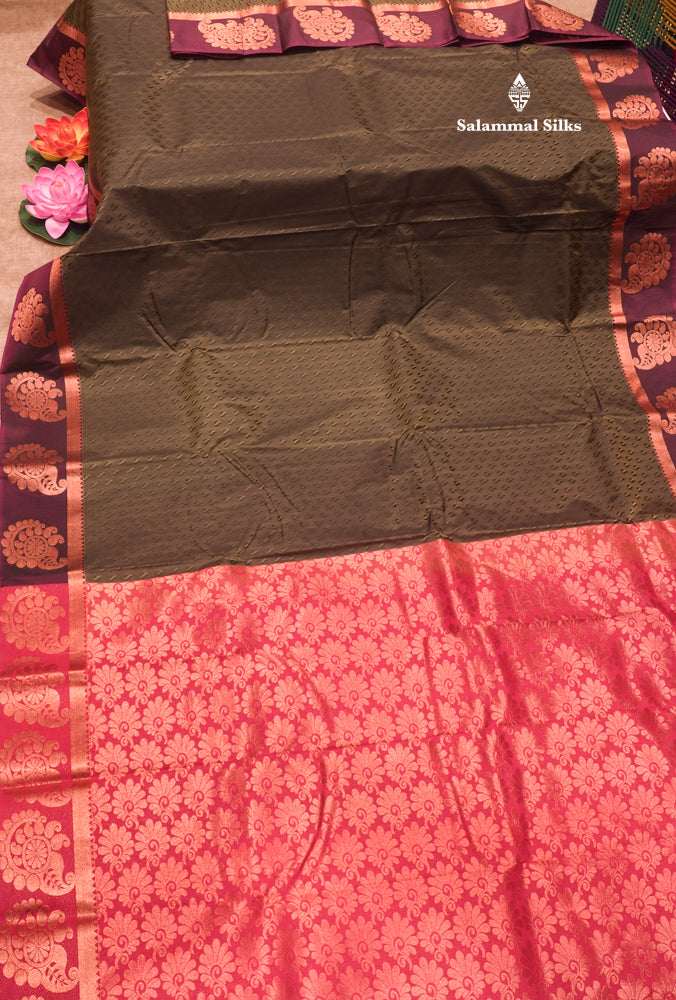 Parrot Green Colour Empose Semi Silk Saree With Copper Zari Border