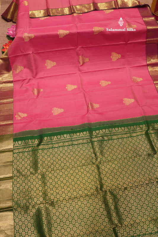Pink Colour Pure Kanjivaram Silk Saree With Gold Zari Border