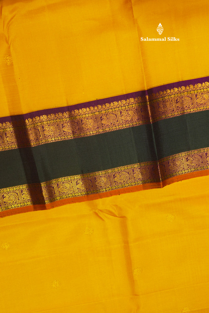 Korvai Yellow Pure Kanjivaram Silk Saree With Traditional Green Double Border