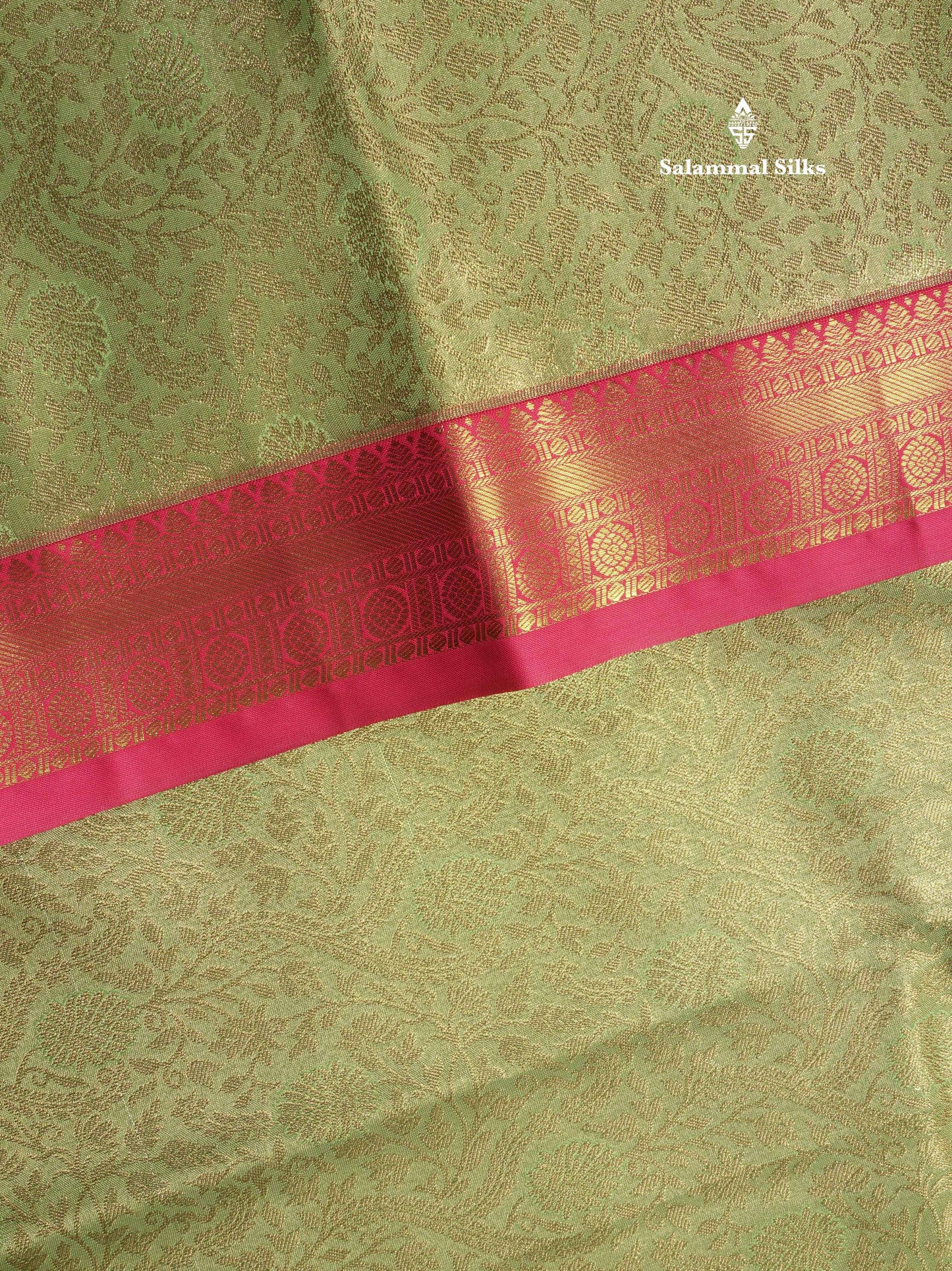 Light Elaichi Green Tissue Bridal Semi Silk Saree With Contrast Pink Border