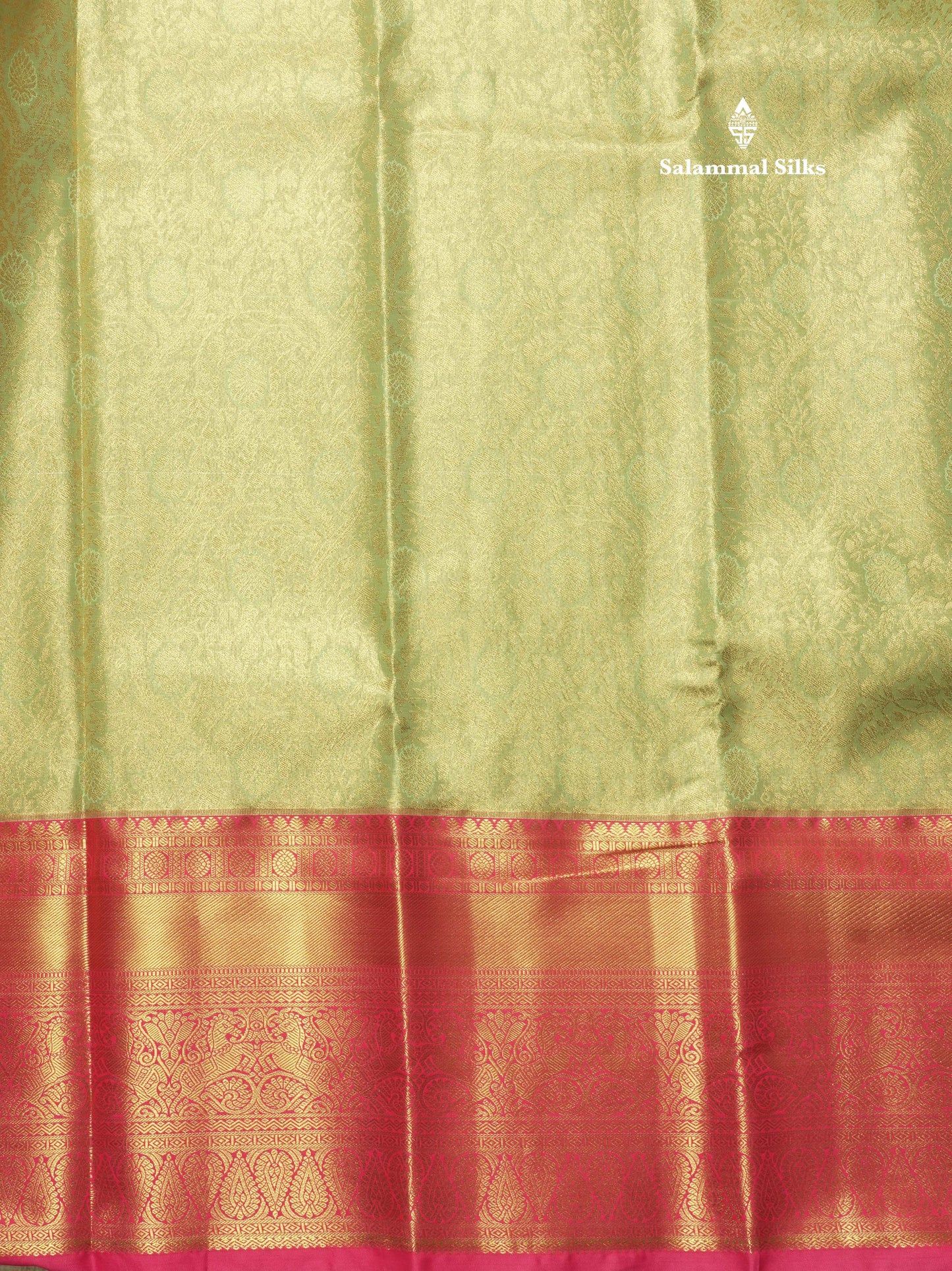 Light Elaichi Green Tissue Bridal Semi Silk Saree With Contrast Pink Border