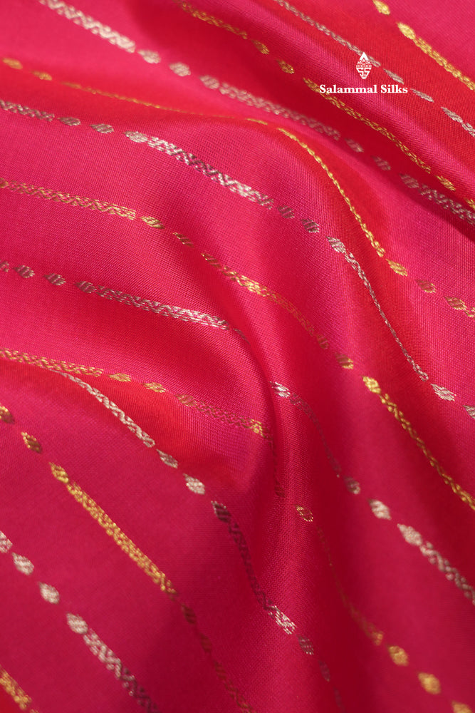 Korvai Pinkish Red Colour Pure Kanjivaram Silk Saree With Contrast Sapphire Green Border