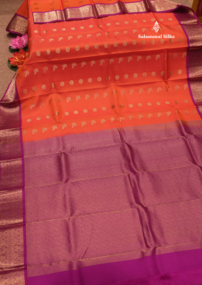 Pinkish Orange Colour Pure Kanjivaram Silk Saree With Contrast Magenta Border
