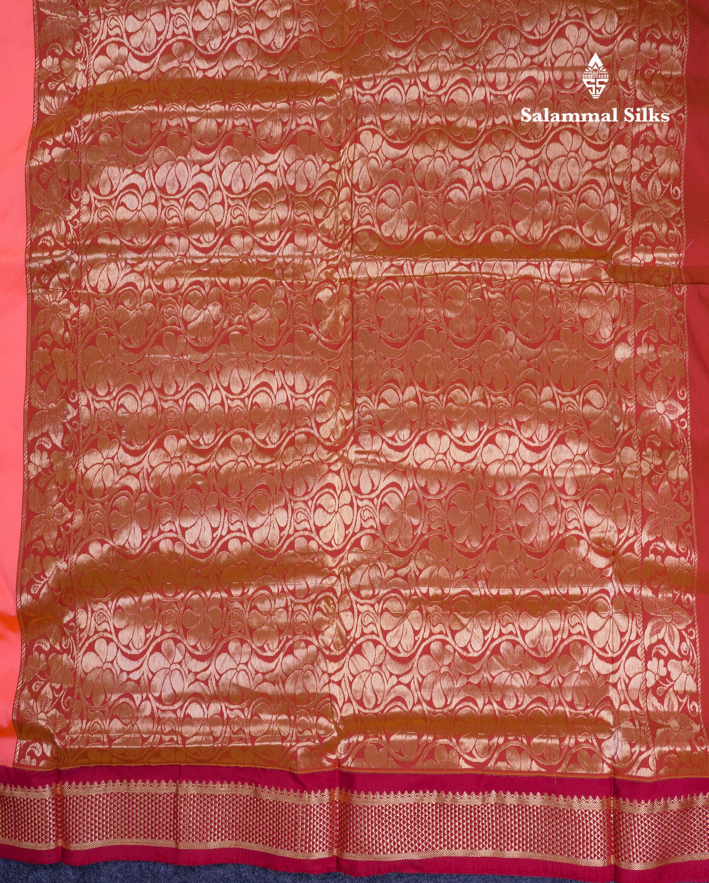 11 Yards Semi Silk Saree Pinkish Peach with Contrast Maroon Traditional Border