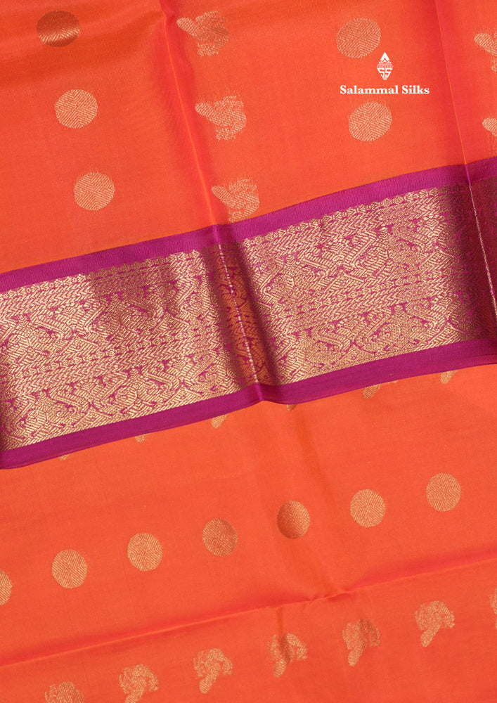 Pinkish Orange Colour Pure Kanjivaram Silk Saree With Contrast Magenta Border