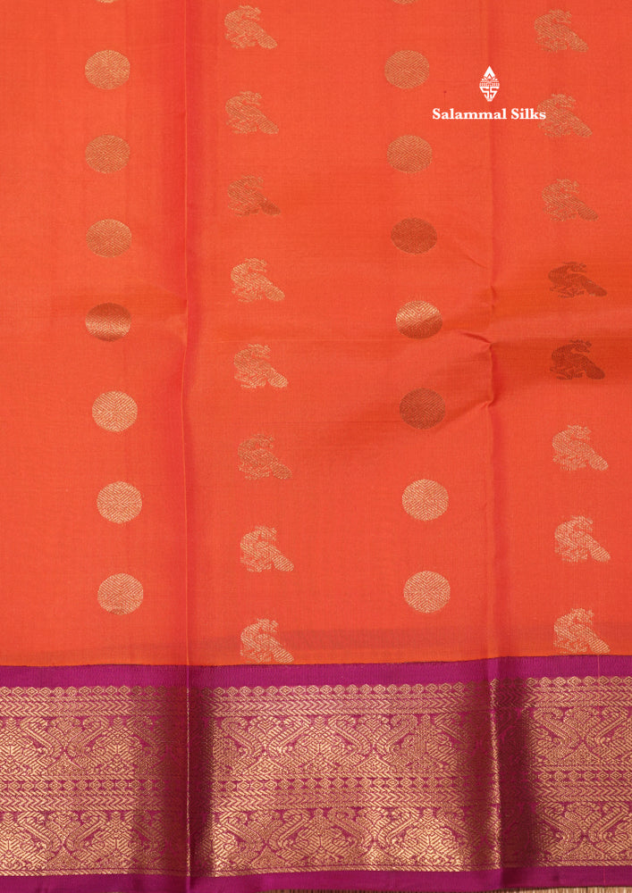 Pinkish Orange Colour Pure Kanjivaram Silk Saree With Contrast Magenta Border