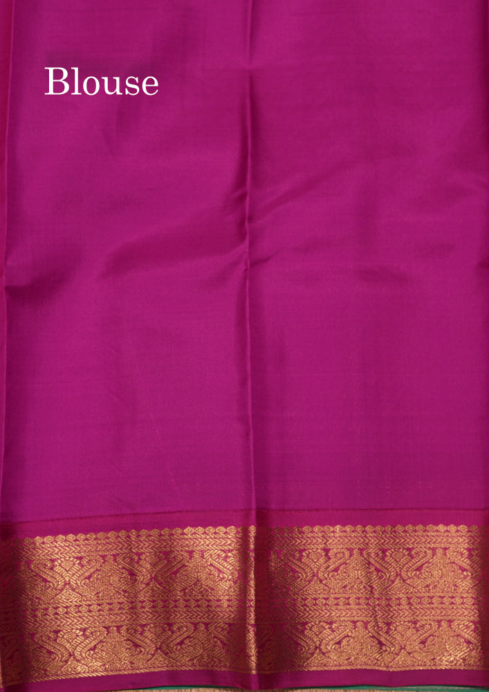 Pinkish Orange Colour Pure Kanjivaram Silk Saree With Contrast Magenta Border