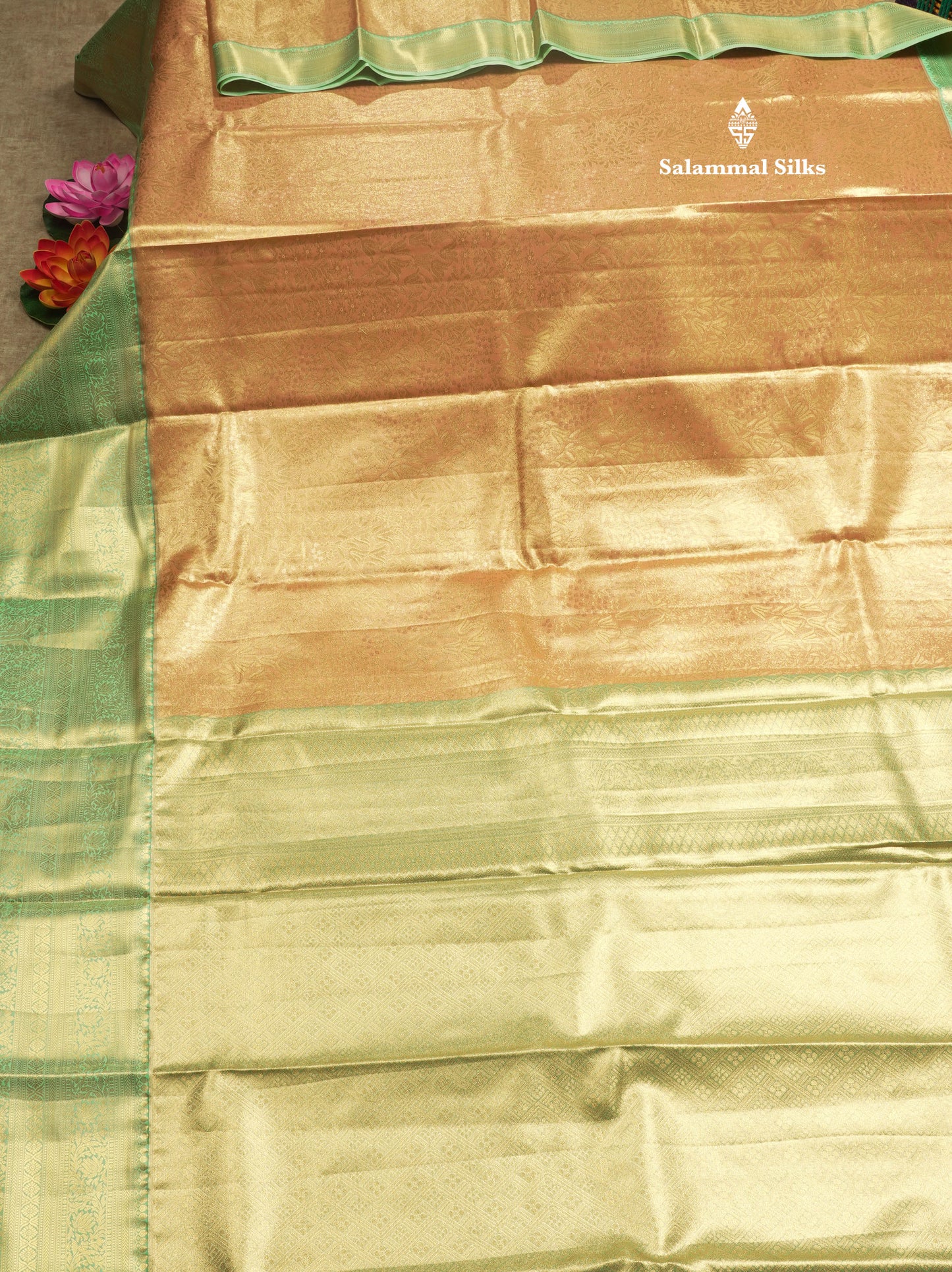 Light Peach Tissue Bridal Semi Silk Saree With Contrast Rexona Green Border