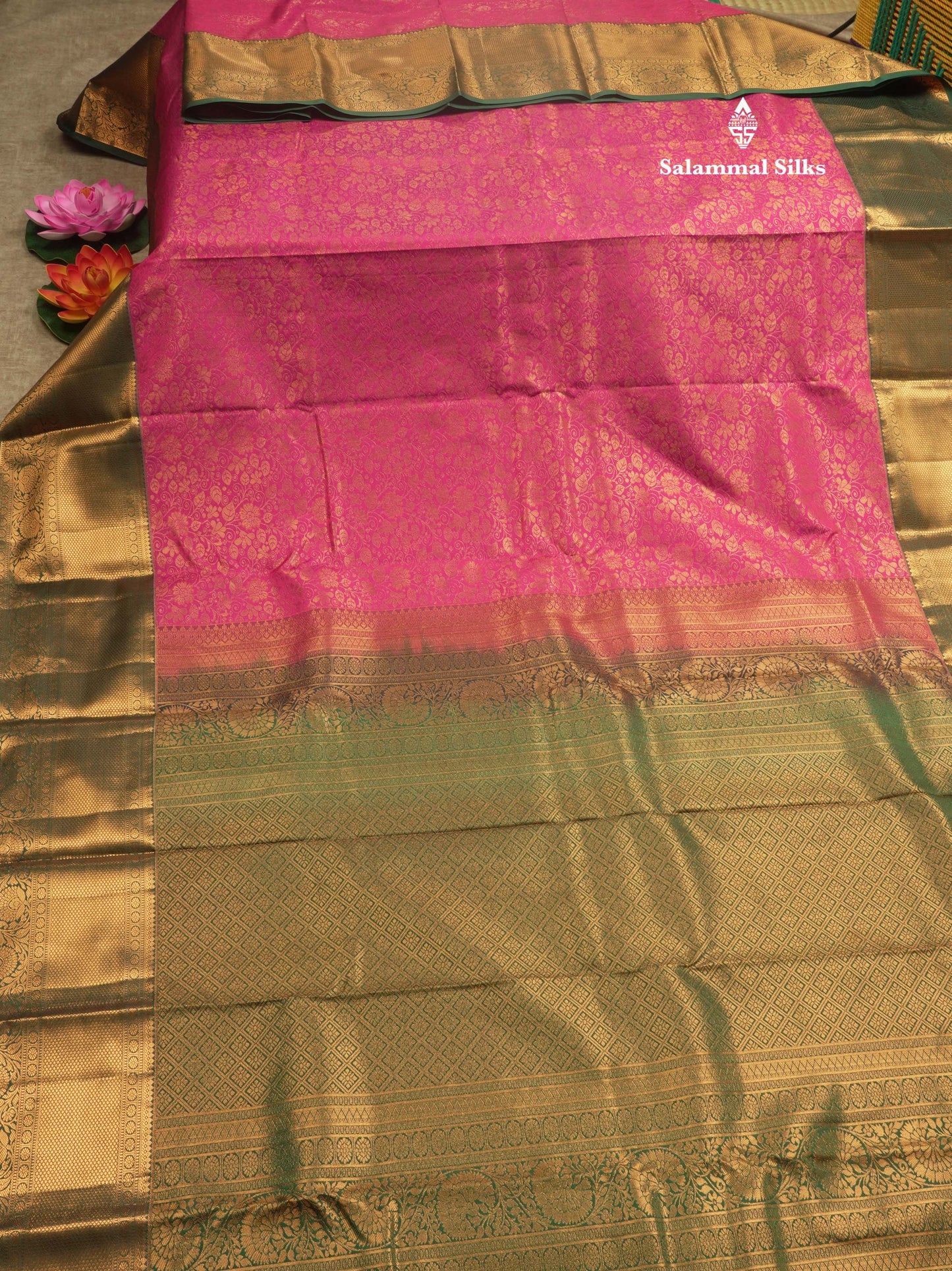 Magenta Pink Bridal Semi Silk Saree With Contrast Bottle Green Border