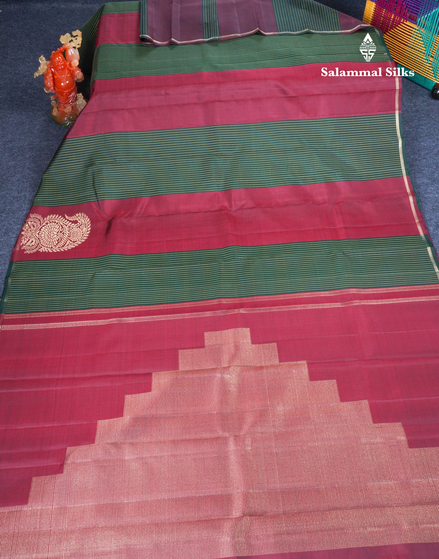 Bottle Green And Wine Zari Lines Beautiful Pure Kanjivaram Silk Saree Pure Zari without Border