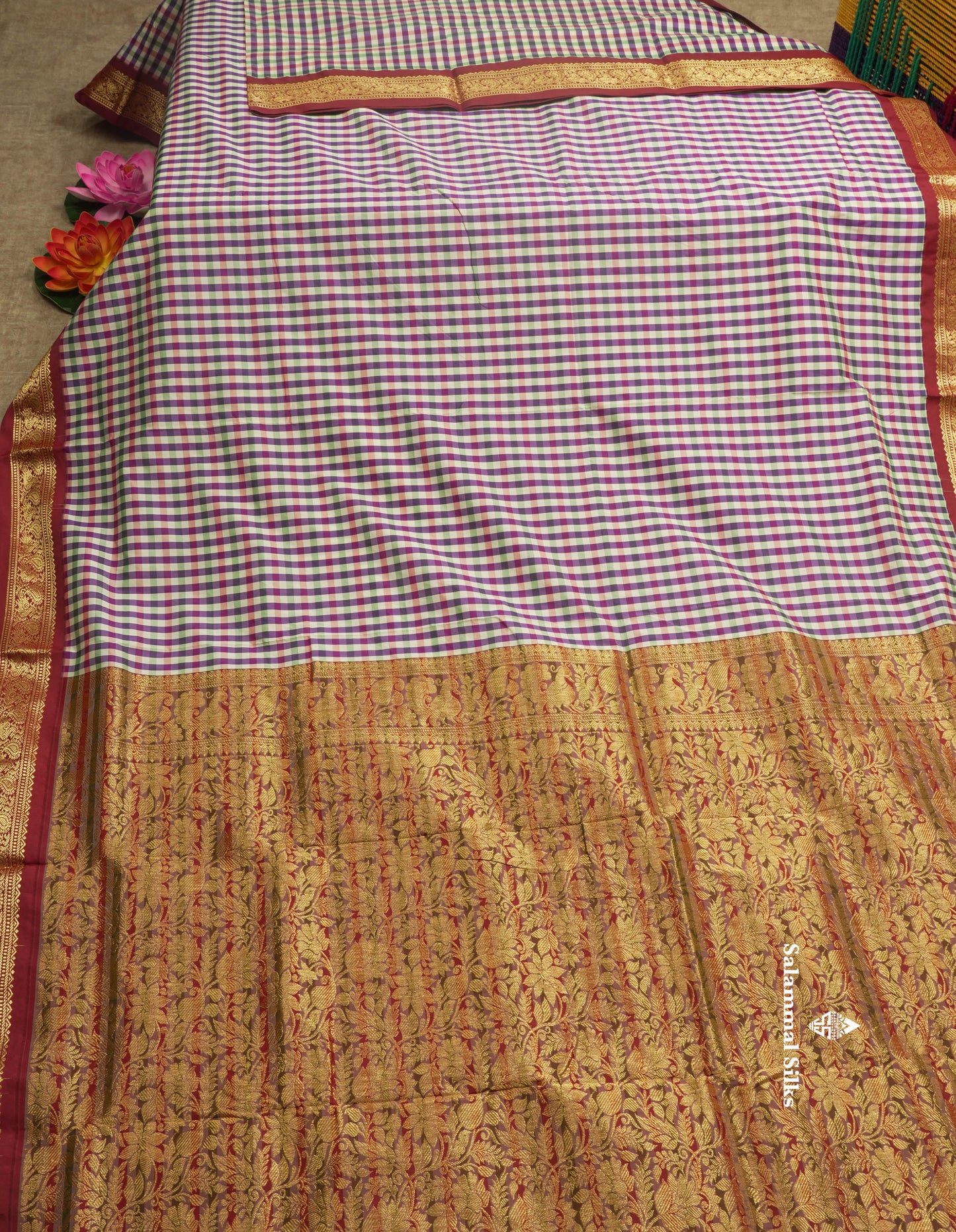 9.5 Yards Semi Silk Saree Multicolour Checks with Maroon Border