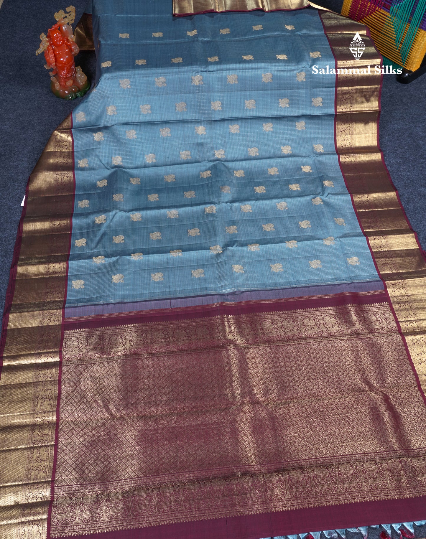 Grey Beautiful Pure Kanjivaram Silk Saree Pure Zari with Traditional Korvai Dark Maroon Border