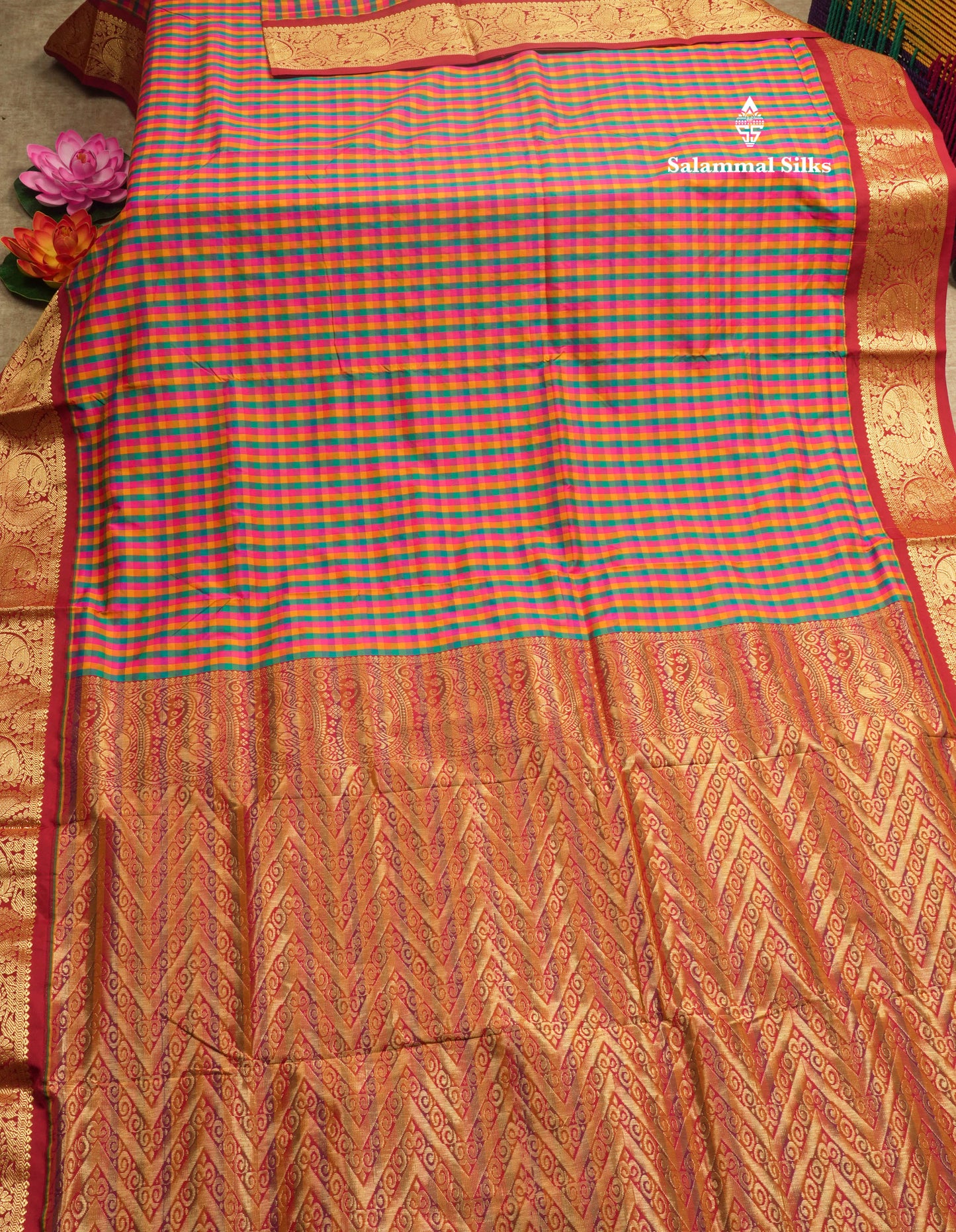 9.5 Yards Semi Silk Saree Multicolour Checks with Contrast Maroon Border