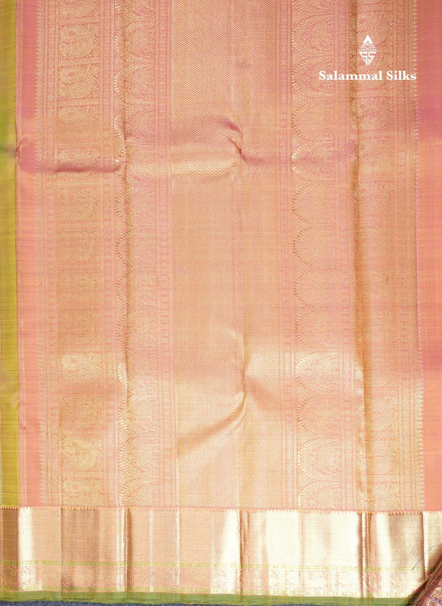 Parrot Green Traditional Buttas Pure Kanjivaram Silk Saree Pure Zari with Pink Border