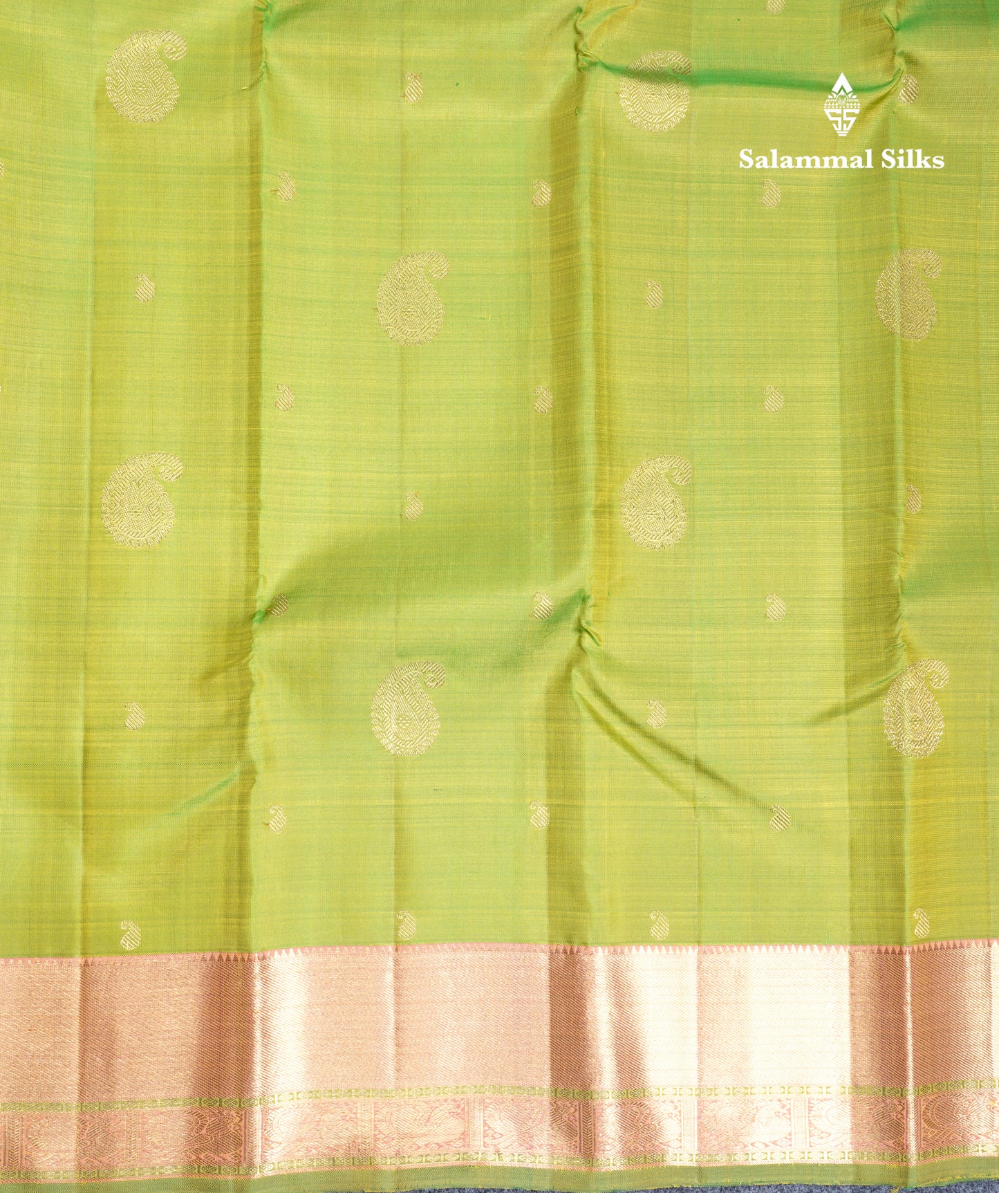 Parrot Green Traditional Buttas Pure Kanjivaram Silk Saree Pure Zari with Pink Border