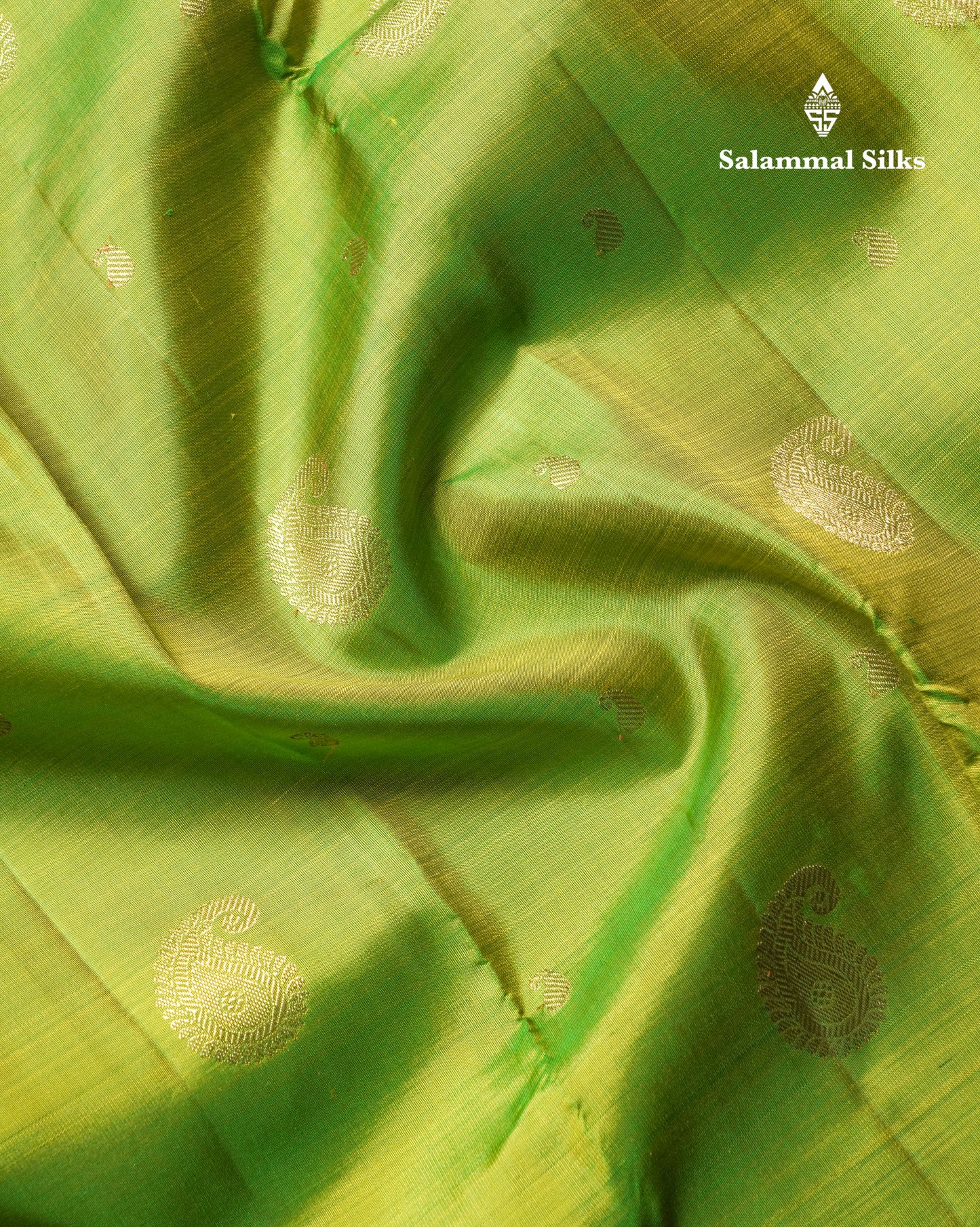 Parrot Green Traditional Buttas Pure Kanjivaram Silk Saree Pure Zari with Pink Border