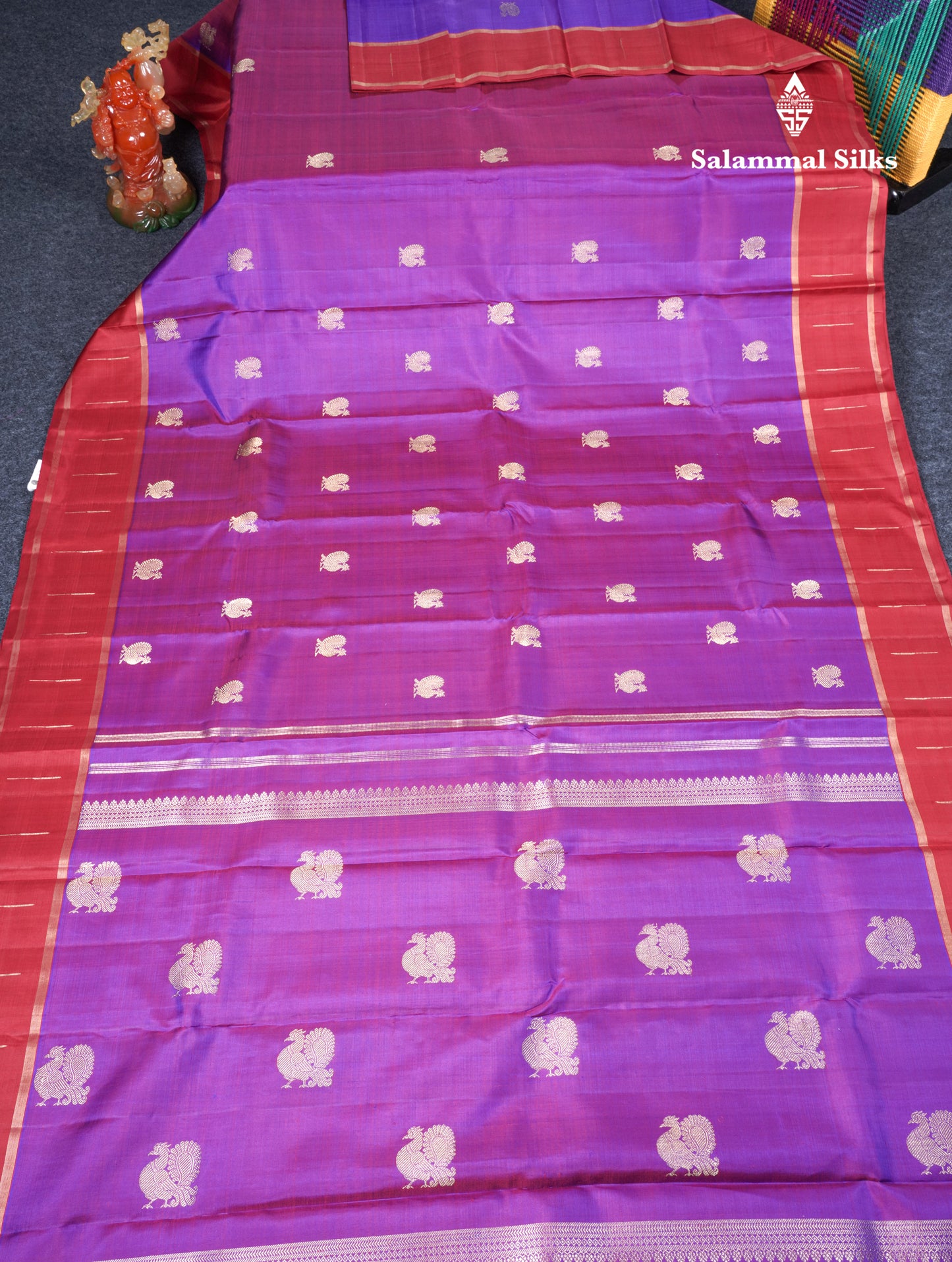 Violet Beautiful Traditional Buttas Pure Kanjivaram Silk Saree Pure Zari with Maroon Border