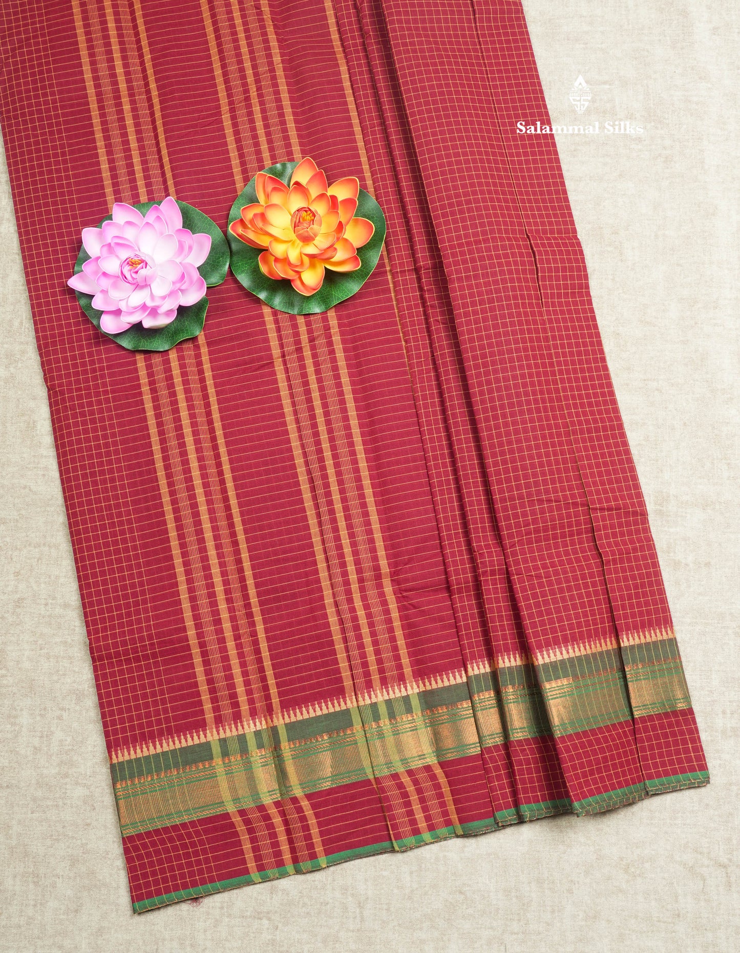 Dark Brown Thread Checks Beautiful Chettinad Cotton Saree With Temple & Zari Border