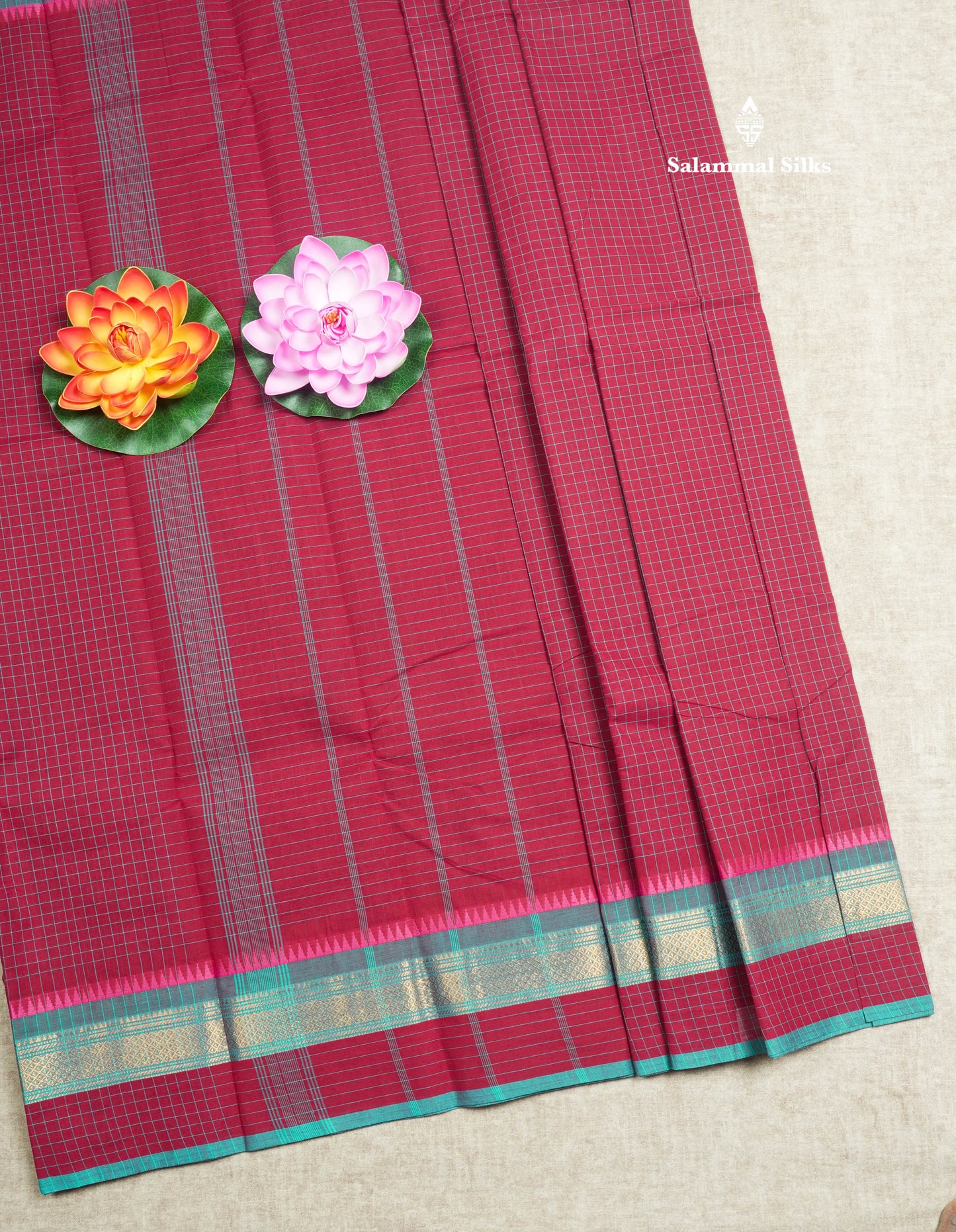 Dark Brown Thread Checks Beautiful Chettinad Cotton Saree With Temple & Zari Border