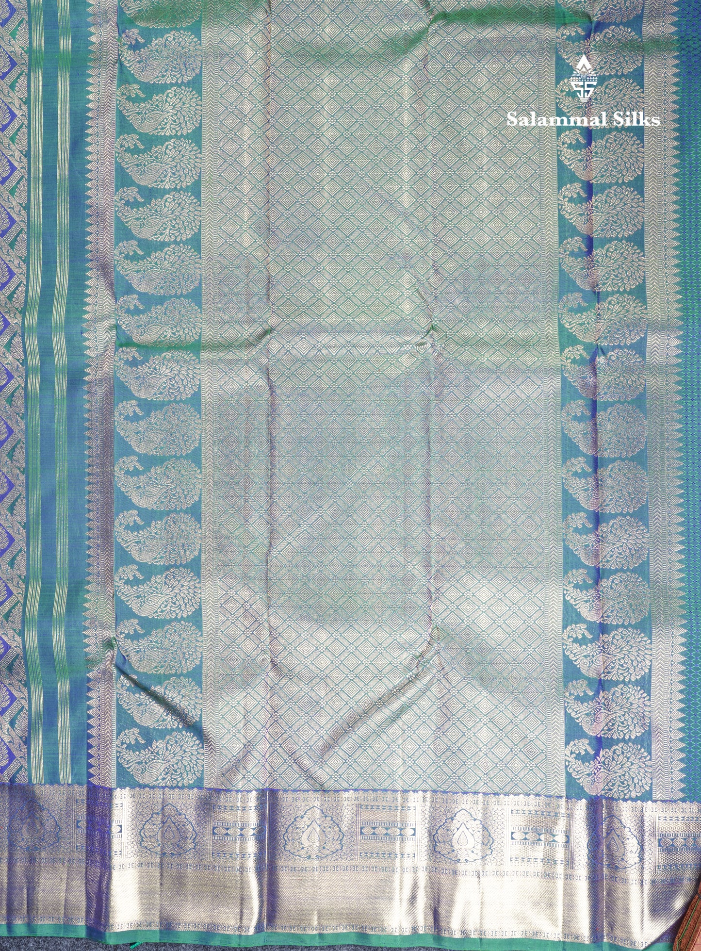 Beautiful Green And Peacock Blue Daimond Design Pure Kanjivaram Silk Saree Pure Zari with Blouse