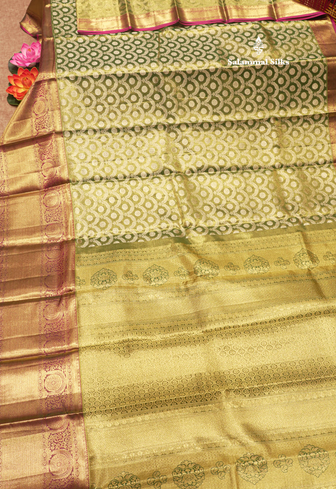 Light Green Tissue Pure Kanjivaram Silk Saree with Contrast Magenta Pink Border