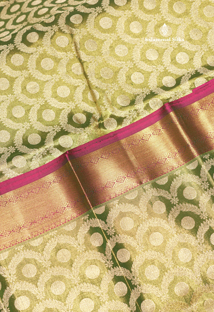 Light Green Tissue Pure Kanjivaram Silk Saree with Contrast Magenta Pink Border