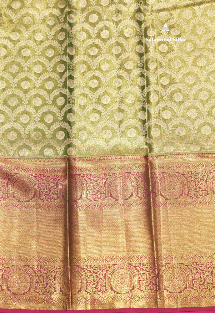 Light Green Tissue Pure Kanjivaram Silk Saree with Contrast Magenta Pink Border