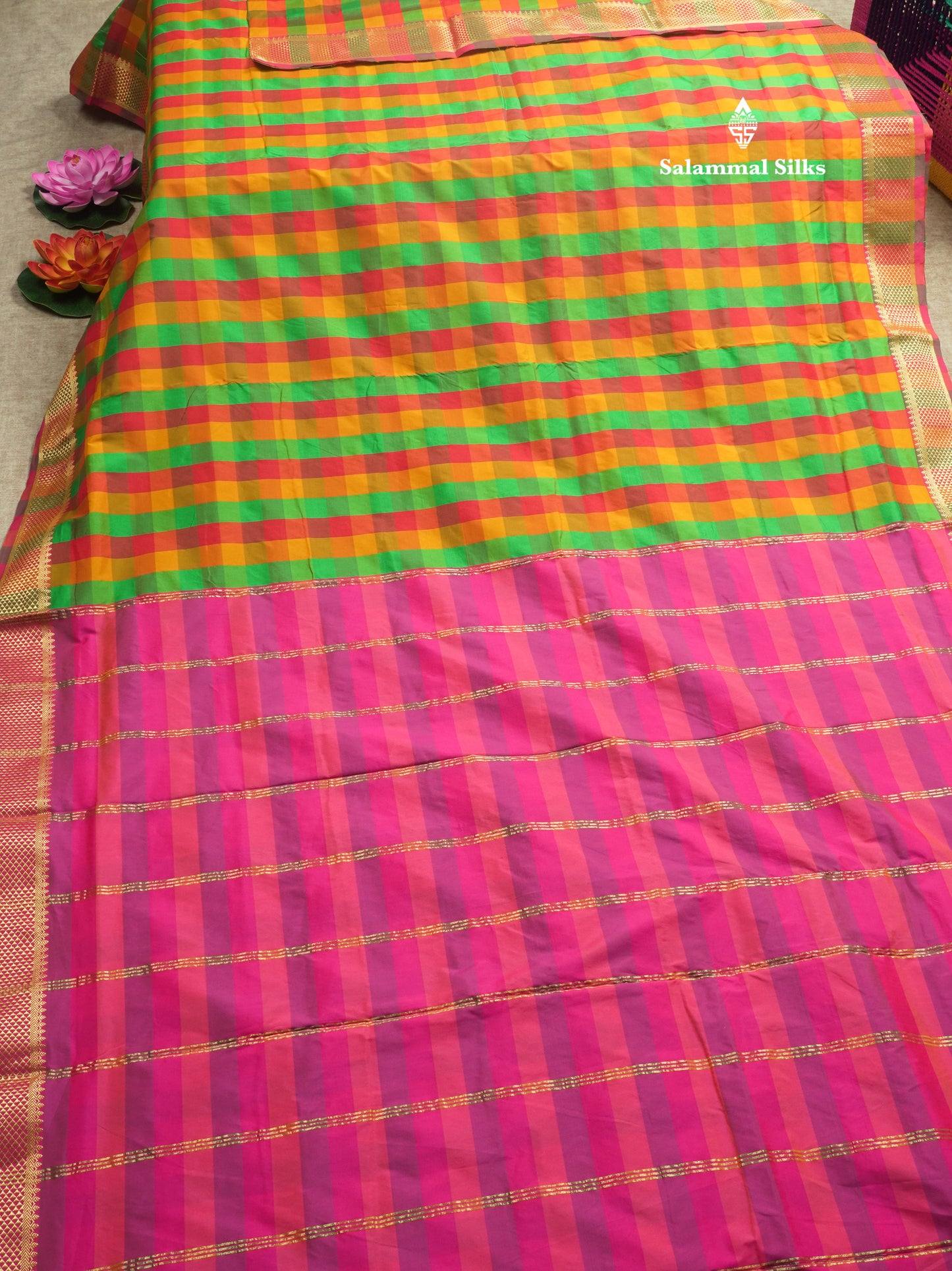 9.5 Yards Semi Silk Saree Multicolour Checks with Self Border