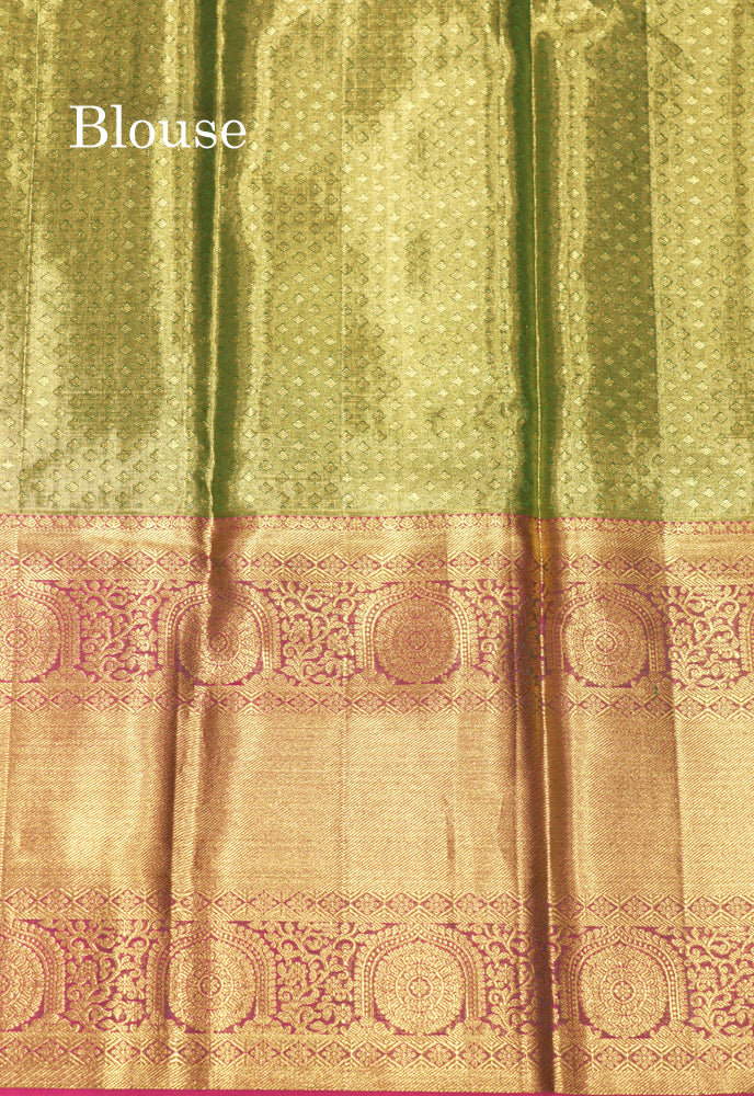 Light Green Tissue Pure Kanjivaram Silk Saree with Contrast Magenta Pink Border