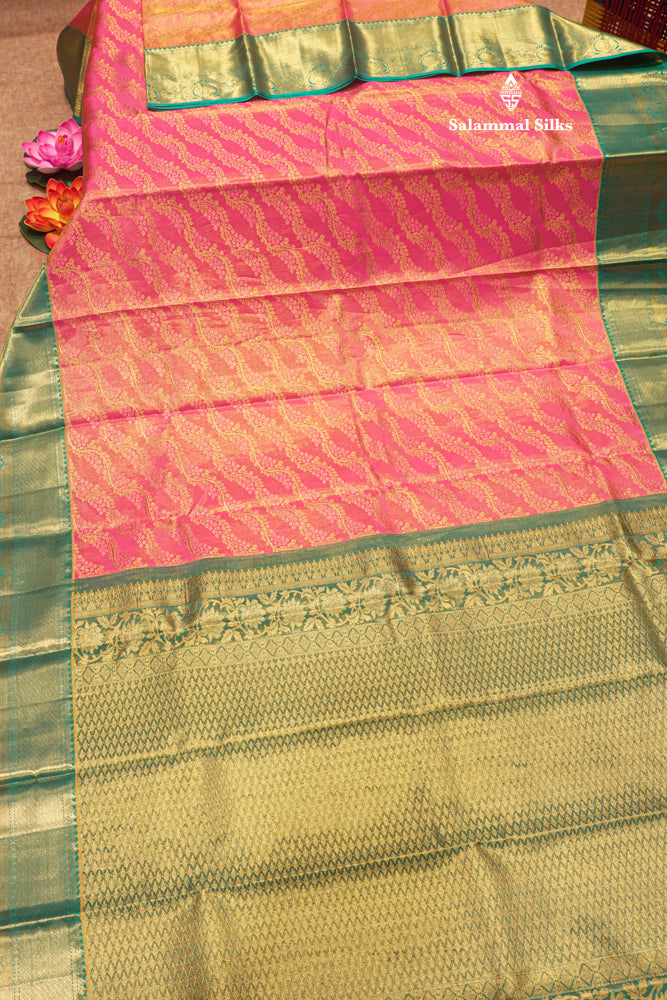 Pink Color Kanjivaram Pure Silk Saree with Saphire Green Border and Blouse